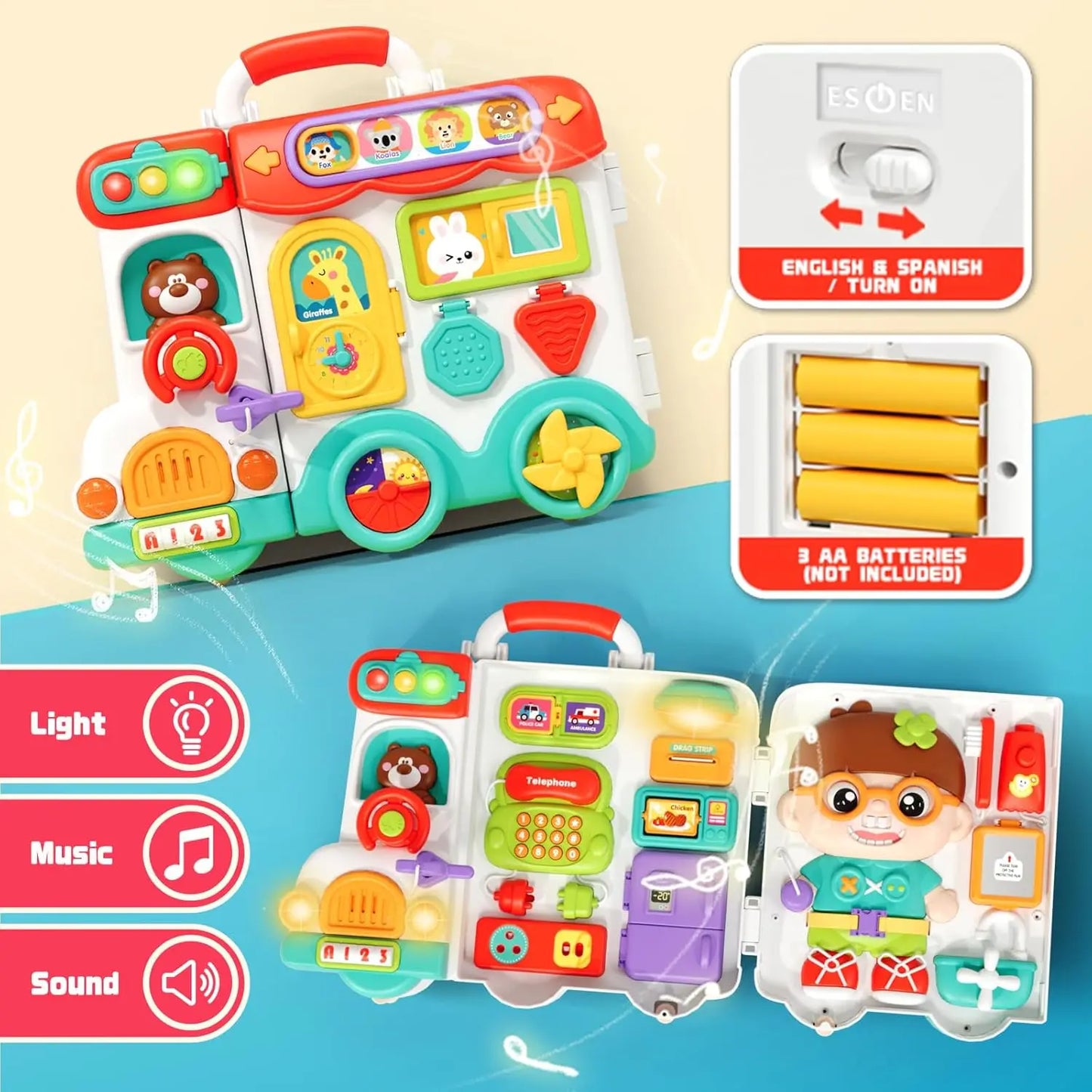 Baby Musical Busy Board Bus Montessori Sensory Toys Early Educational Activities Toy  Fine Motor Toys Travel Gifts for Todders