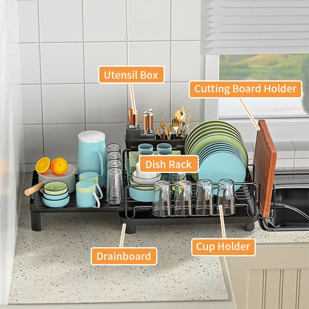 Multi-function Dish Drying Rack Household Extendable Dish Rack with Drainboard Dish Drainer Storage Organizer Cutlery Cup Holder