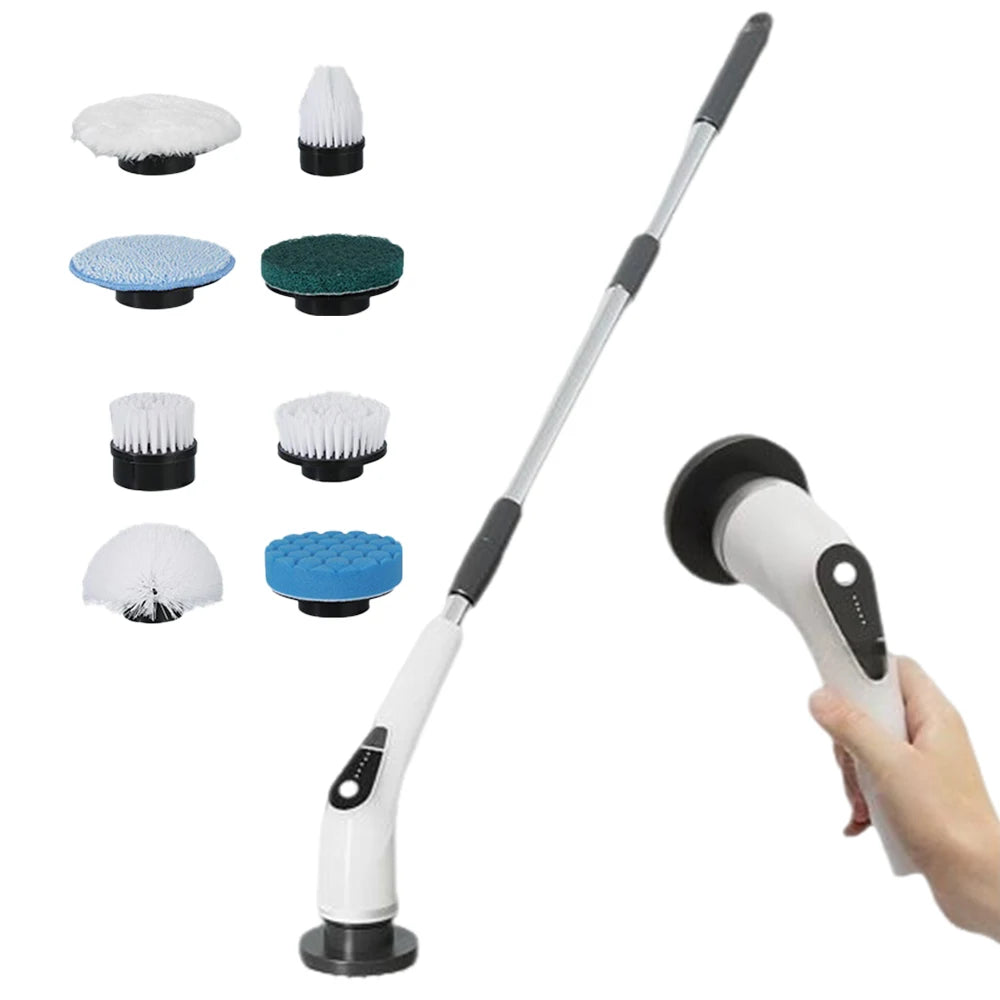 Floor Cleaning Brush for Kitchen Bathroom Electric Cordless  Spin Scrubber with 8 Replaceable Brush Heads 2 Extension Handle
