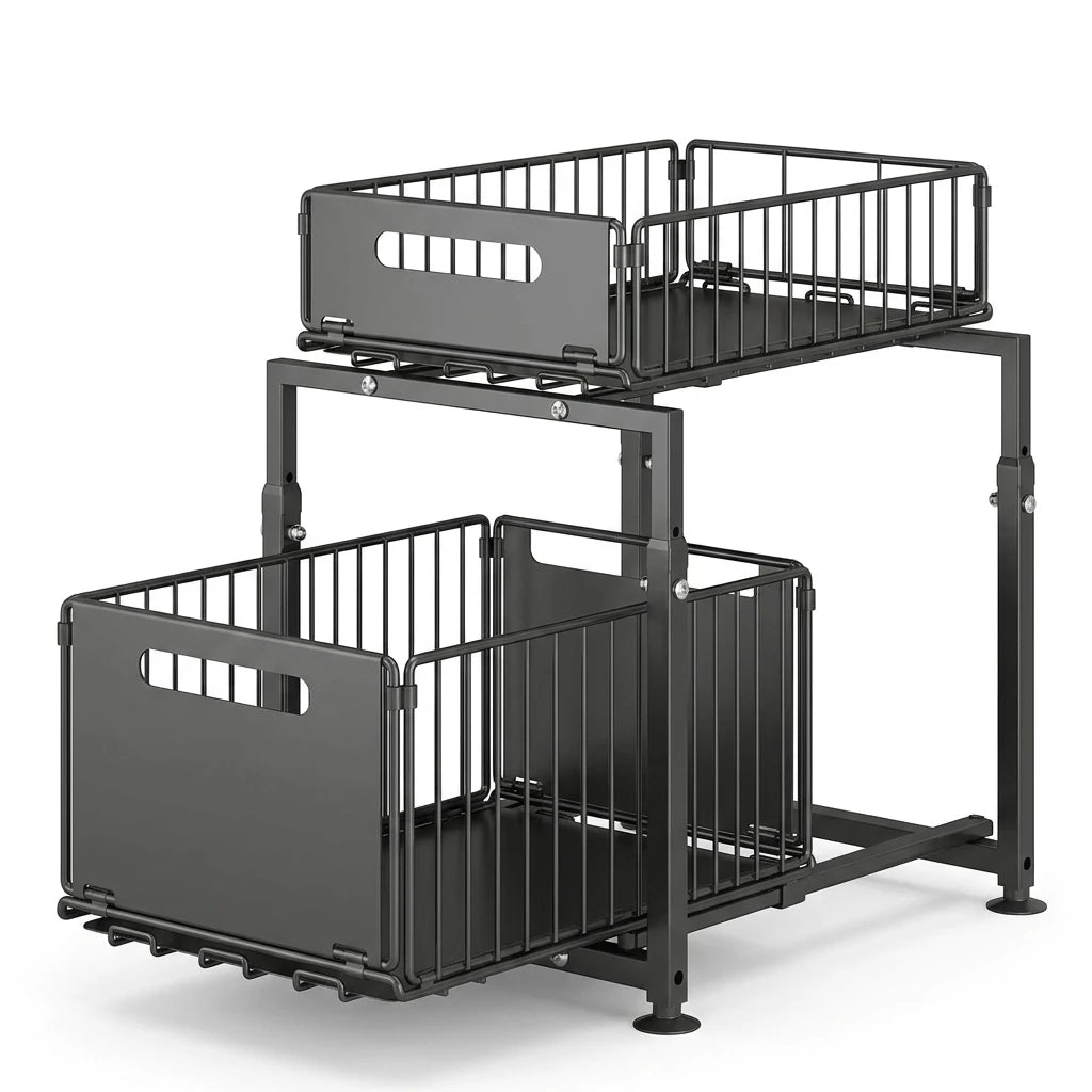2 Tier Under Sink Organiser Adjustable Height Pull Out Basket Sliding Cabinet Storage Rack for Kitchen Bathroom Pantry