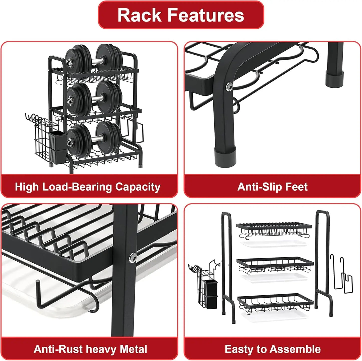 3 Tier Dish Drying Rack Drain Board Set Tableware Drainer Kitchen Countertop Storage Rack Cup Holder Knife and Fork Holder Uk