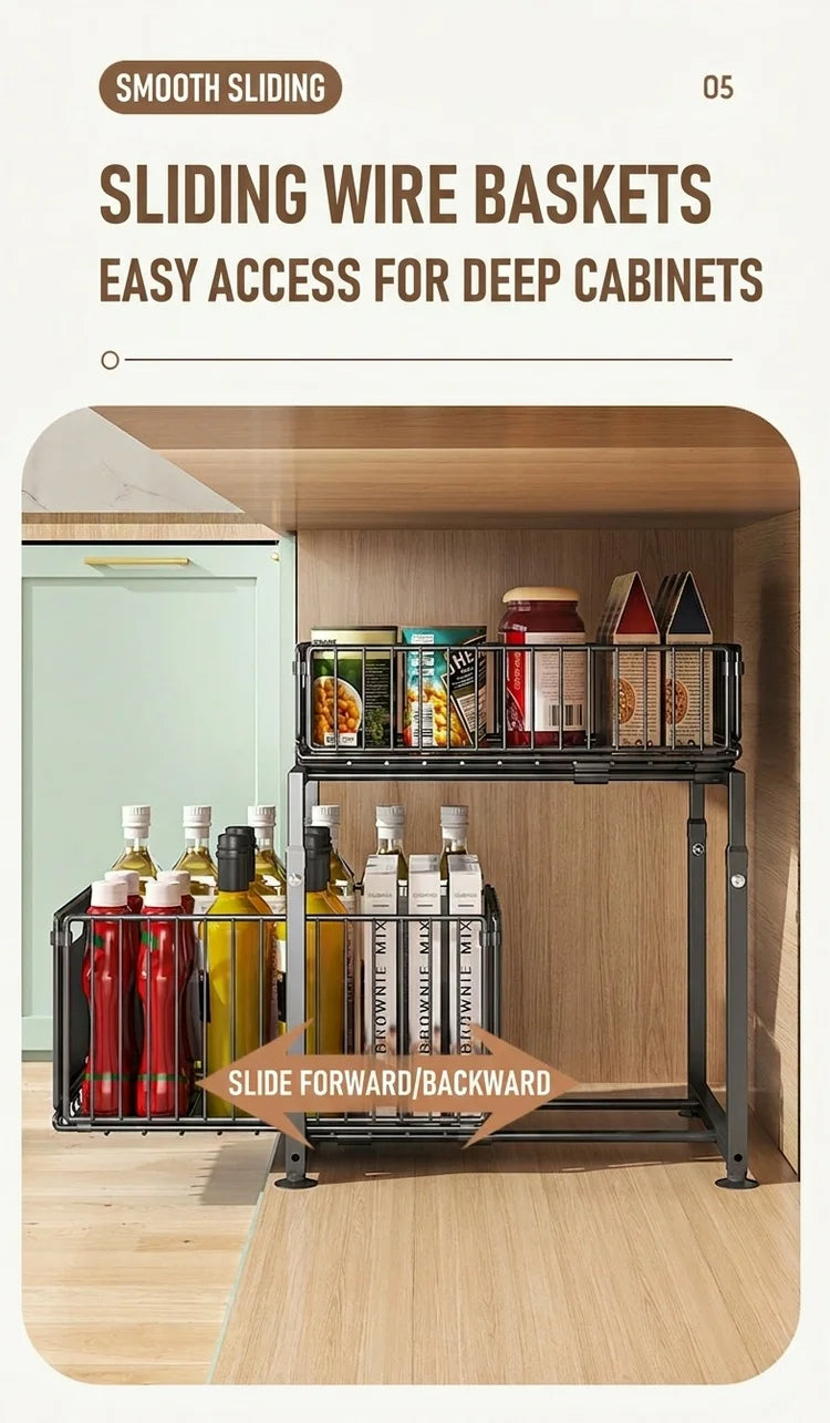 2 Tier Under Sink Organiser Adjustable Height Pull Out Basket Sliding Cabinet Storage Rack for Kitchen Bathroom Pantry