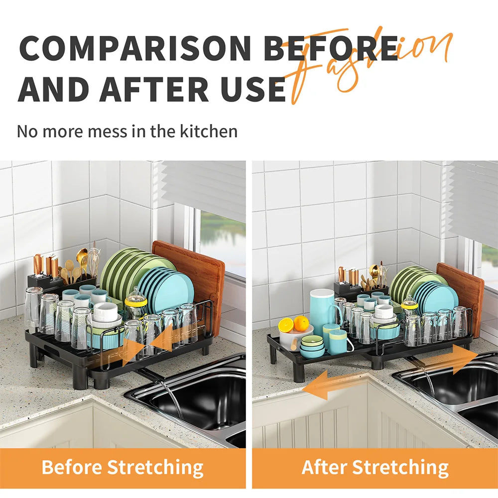 Multi-function Dish Drying Rack Household Extendable Dish Rack with Drainboard Dish Drainer Storage Organizer Cutlery Cup Holder