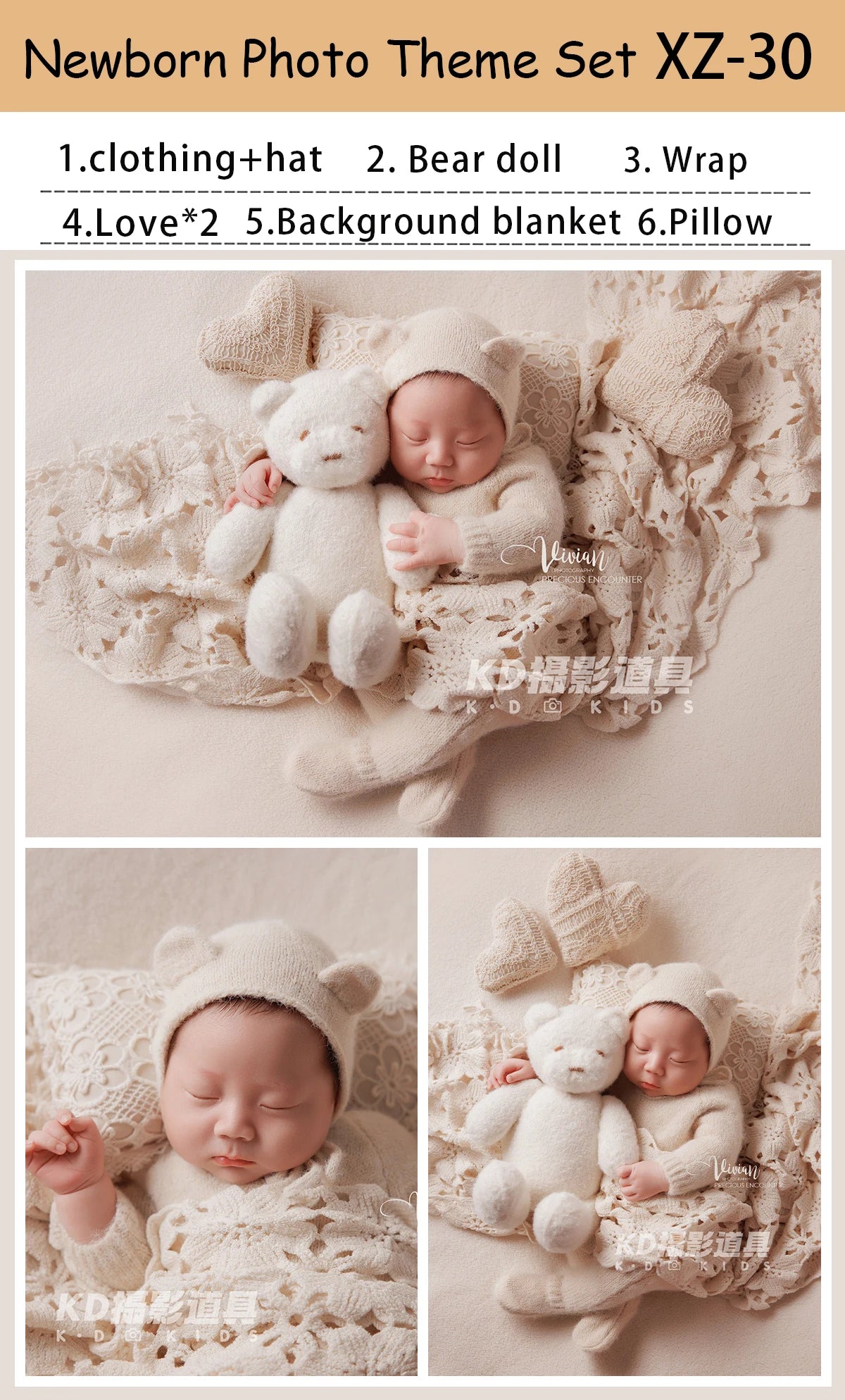 KD Newborn Photography Outfit INS White Bear Set Knitted Hat Long Sleeve Jumpsuit Baby Shoot Clothing Cute Bear Doll Photo Props