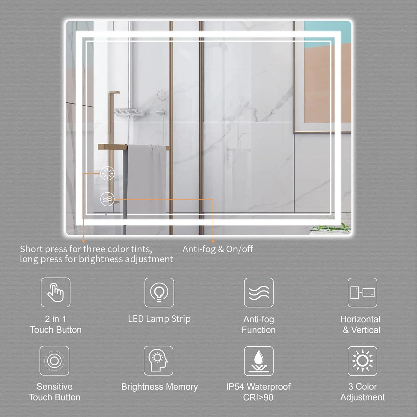Bathroom Mirror with LED Lights Illuminated Bathroom Mirror Wall Mounted Vanity Mirror, Bathroom Light Mirror with defogging