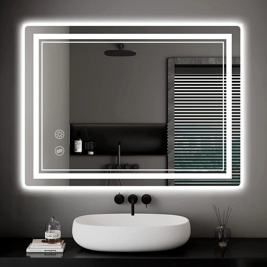 Bathroom Mirror with LED Lights Illuminated Bathroom Mirror Wall Mounted Vanity Mirror, Bathroom Light Mirror with defogging