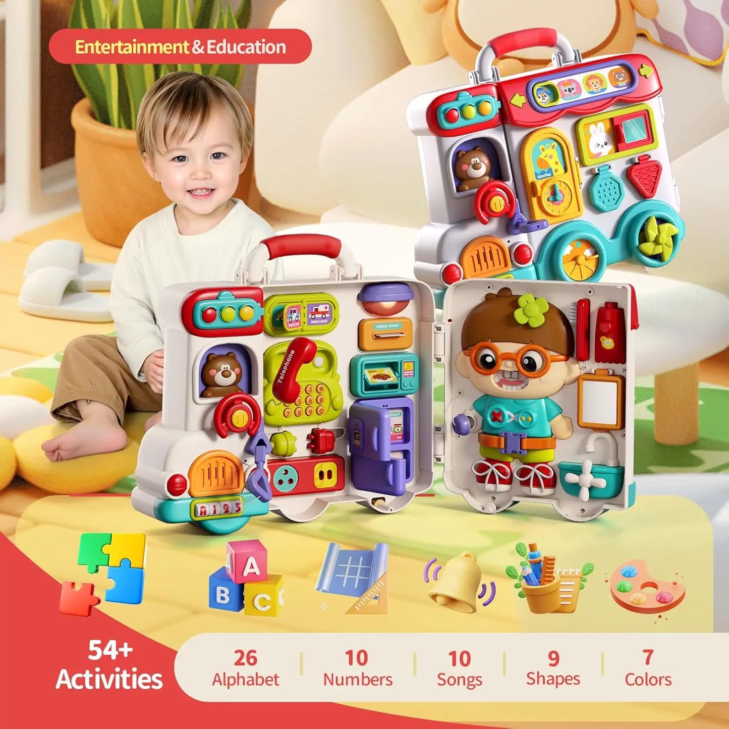 Baby Musical Busy Board Bus Montessori Sensory Toys Early Educational Activities Toy  Fine Motor Toys Travel Gifts for Todders