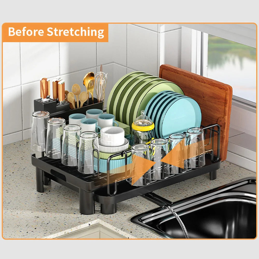 Multi-function Dish Drying Rack Household Extendable Dish Rack with Drainboard Dish Drainer Storage Organizer Cutlery Cup Holder