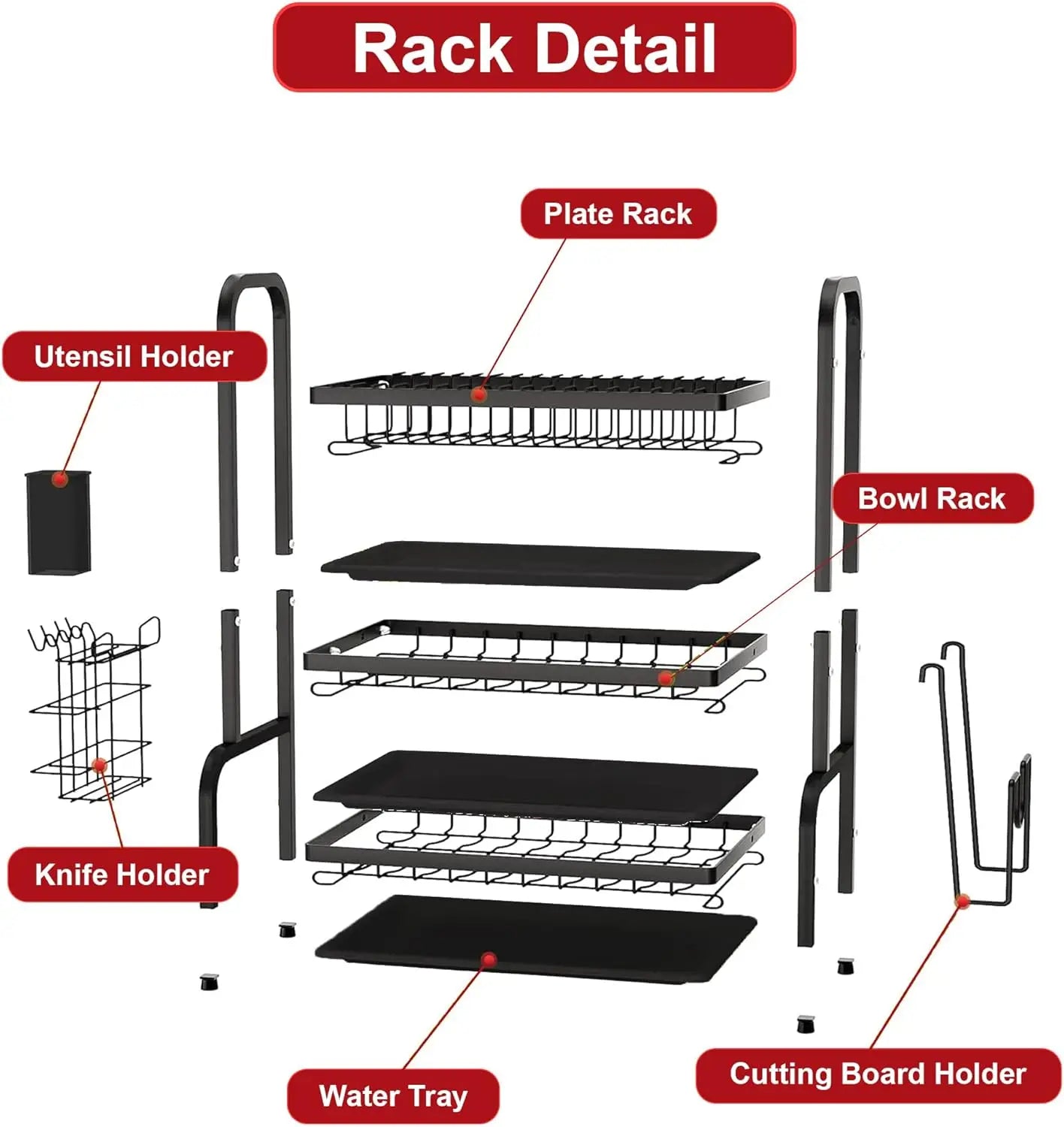 3 Tier Dish Drying Rack Drain Board Set Tableware Drainer Kitchen Countertop Storage Rack Cup Holder Knife and Fork Holder Uk