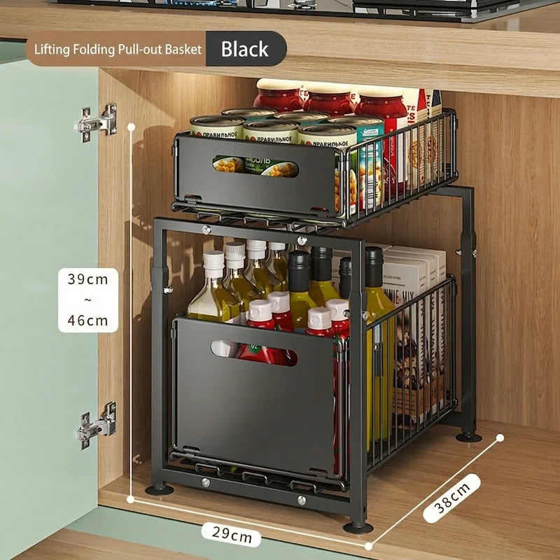 2 Tier Under Sink Organiser Adjustable Height Pull Out Basket Sliding Cabinet Storage Rack for Kitchen Bathroom Pantry