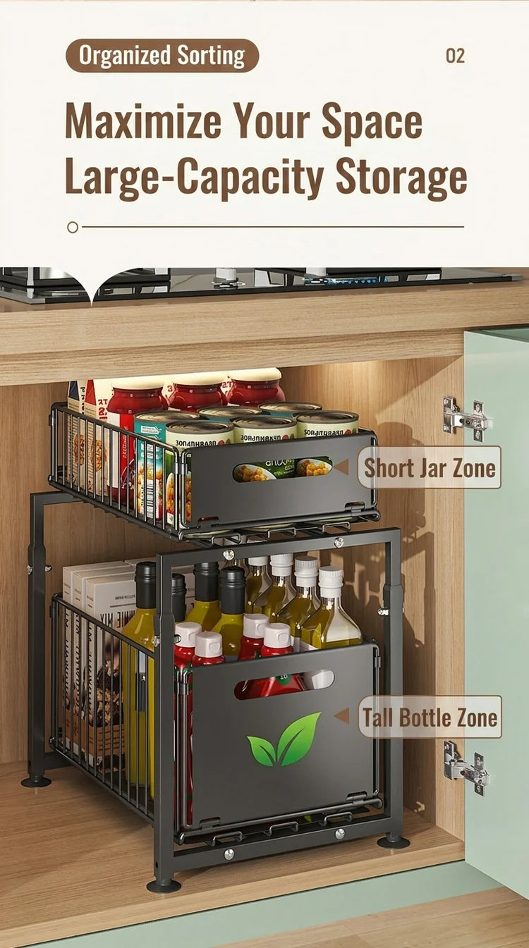 2 Tier Under Sink Organiser Adjustable Height Pull Out Basket Sliding Cabinet Storage Rack for Kitchen Bathroom Pantry