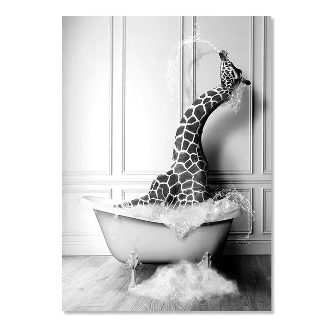 Modern Animal Bathroom Poster – Black & White Canvas Wall Art Print