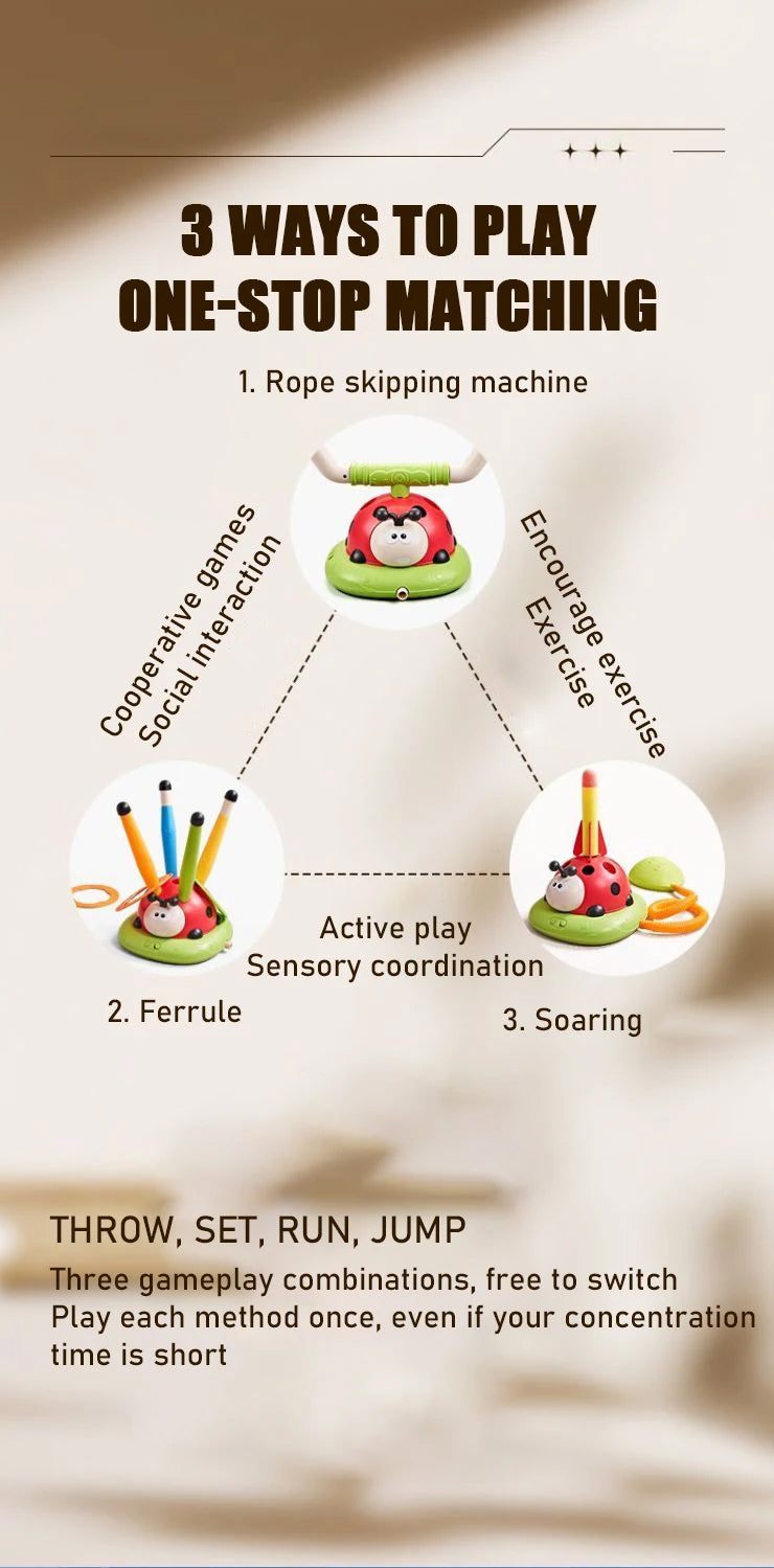 5 in 1 Ladybug Ring Toy With Musical Jump and Ring Toss Game Stomping Launch Toys Launcher Toy for Kids Children's Day Gifts