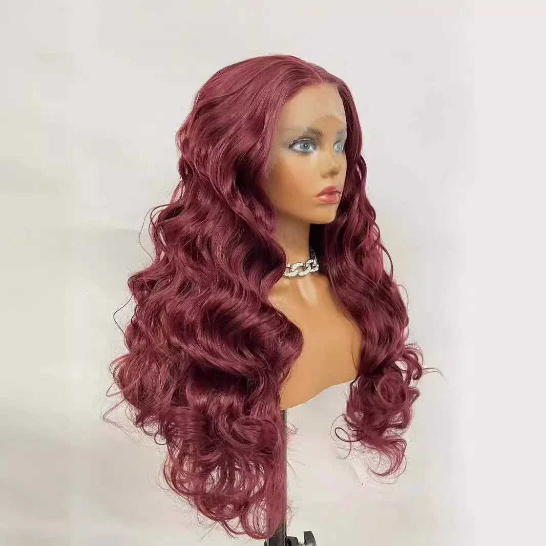Wine Red Synthetic Lace Front Wigs Free Part Loose Wave Heat Resistant Natural Hairline Fiber Hair Glueless Lace Cosplay Wigs
