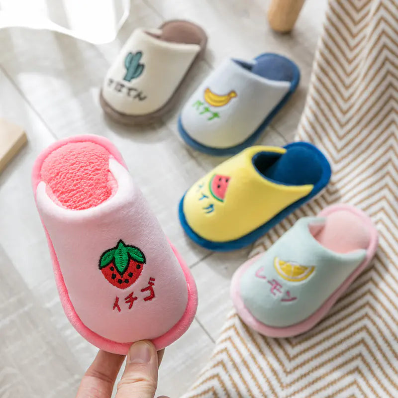 Kids' Cotton Slippers – Soft Indoor House Shoes with Cute Fruit Designs