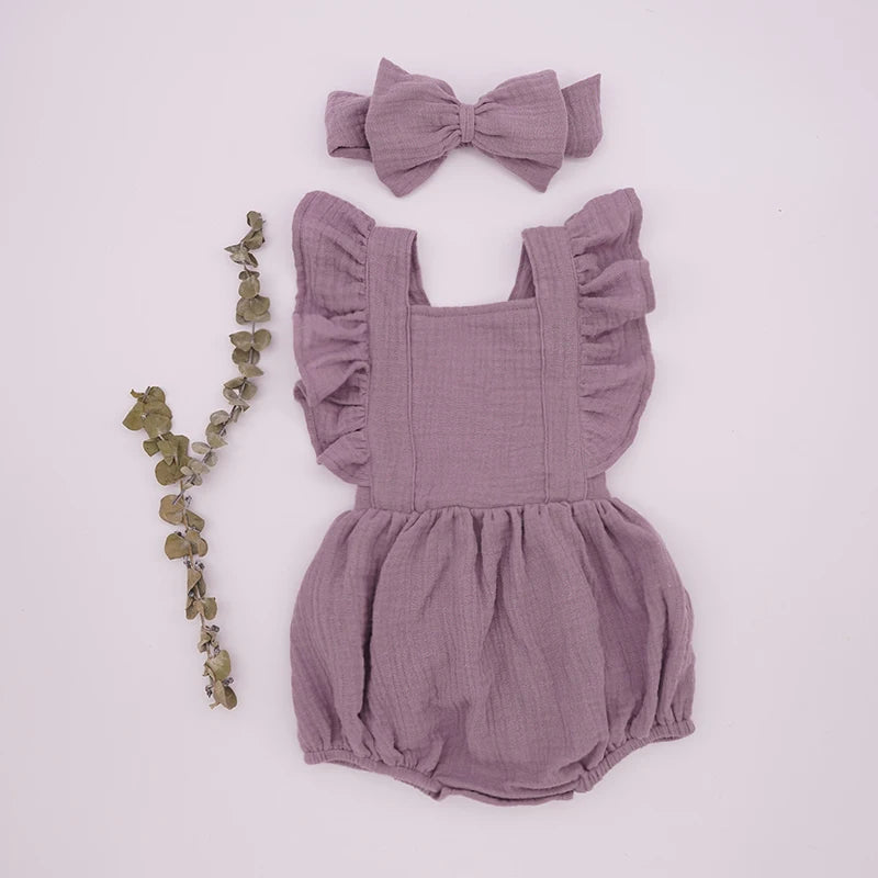 Organic Cotton Baby Girl Clothes Summer New Double Gauze Kids Ruffle Romper Jumpsuit Headband Dusty Pink Playsuit For Newborn 3M