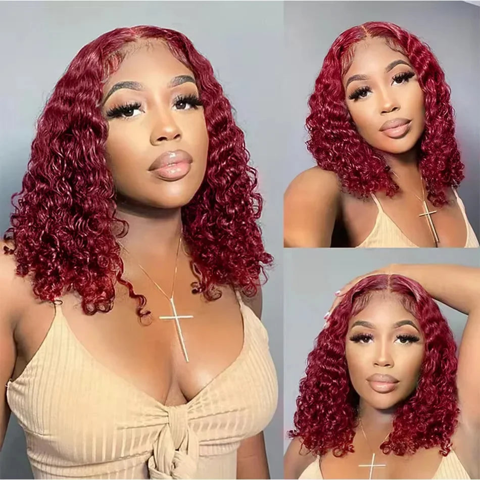 Burgundy 99J Short Deep Wave Bob Human Hair Wig 180% Density Natural Pre-Plucked Brazilian 4x4 Lace Closure Wigs for Black Women