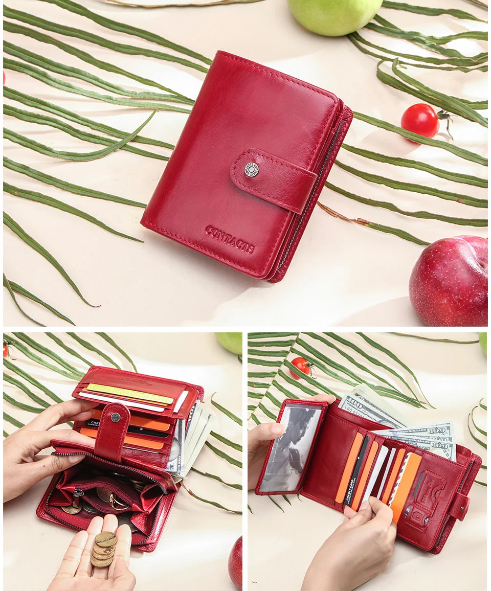 Contact'S Genuine Leather Wallets Women Men Wallet Short Small RFID Blocking Card Holder Wallets Ladies Red Coin Purse
