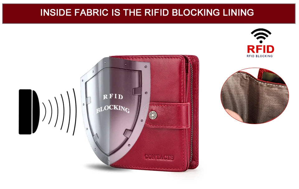 Contact'S Genuine Leather Wallets Women Men Wallet Short Small RFID Blocking Card Holder Wallets Ladies Red Coin Purse