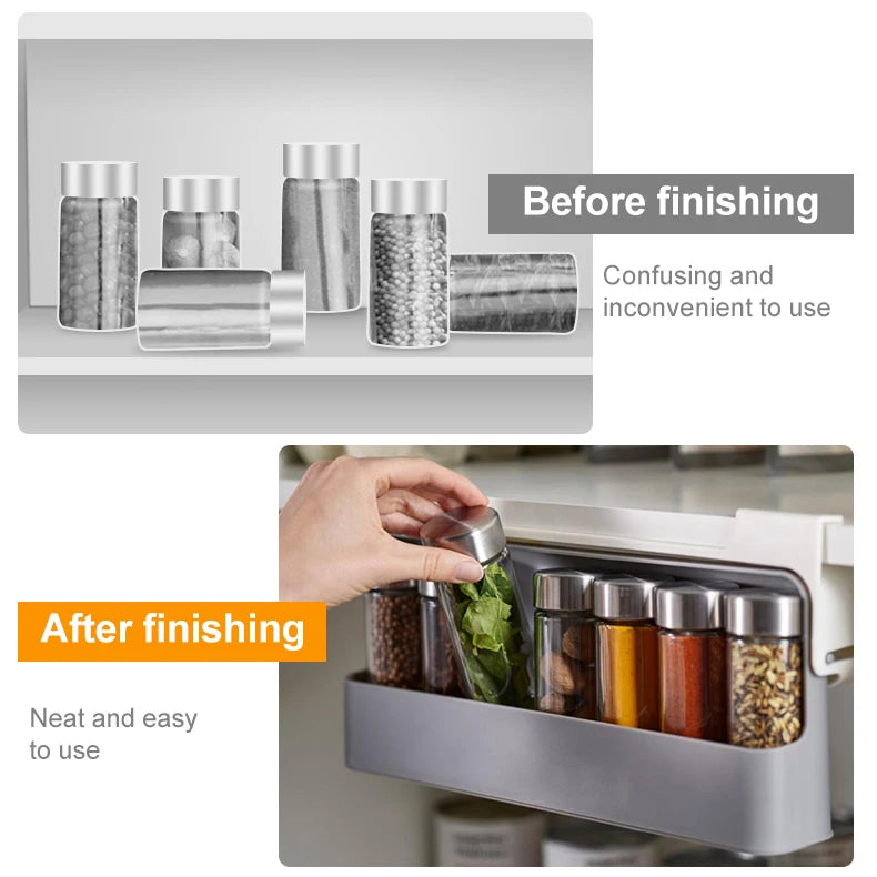 Wall mounted Kitchen Spice Rack Slide Out Drawer Self-adhesive Seasoning Bottle Storage Rack Plastic Spice Organiser for Kitchen
