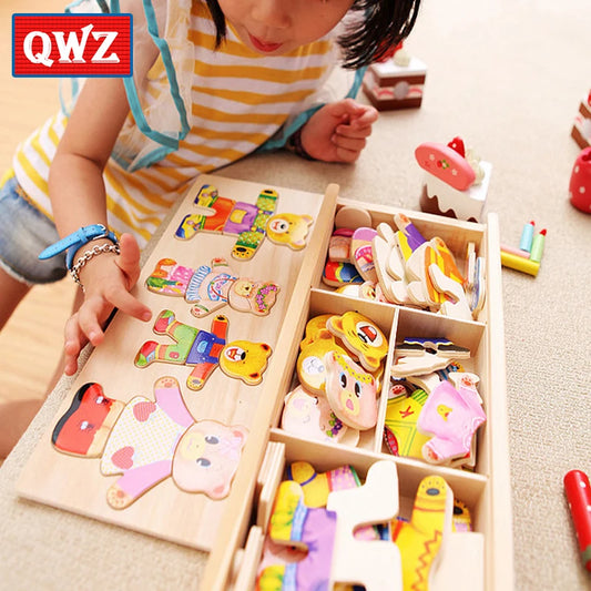 QWZ Little Bear Wooden Jigsaw Puzzle Dressing Game