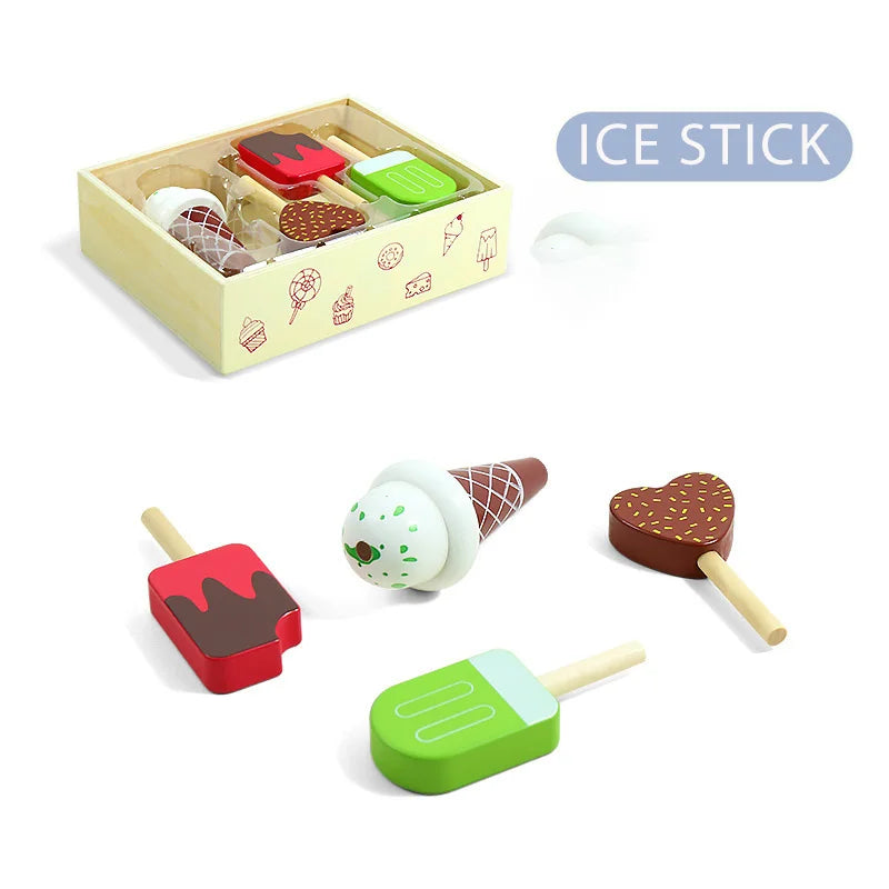 Unisex Wooden Pretend Ice Cream Set Kids House Role Play Simulation Wooden Food Toy Set Early Education Toy Set