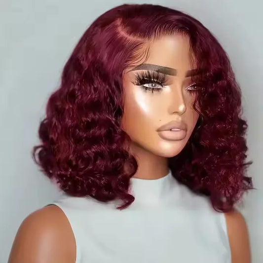 Burgundy 99J Short Deep Wave Bob Human Hair Wig 180% Density Natural Pre-Plucked Brazilian 4x4 Lace Closure Wigs for Black Women