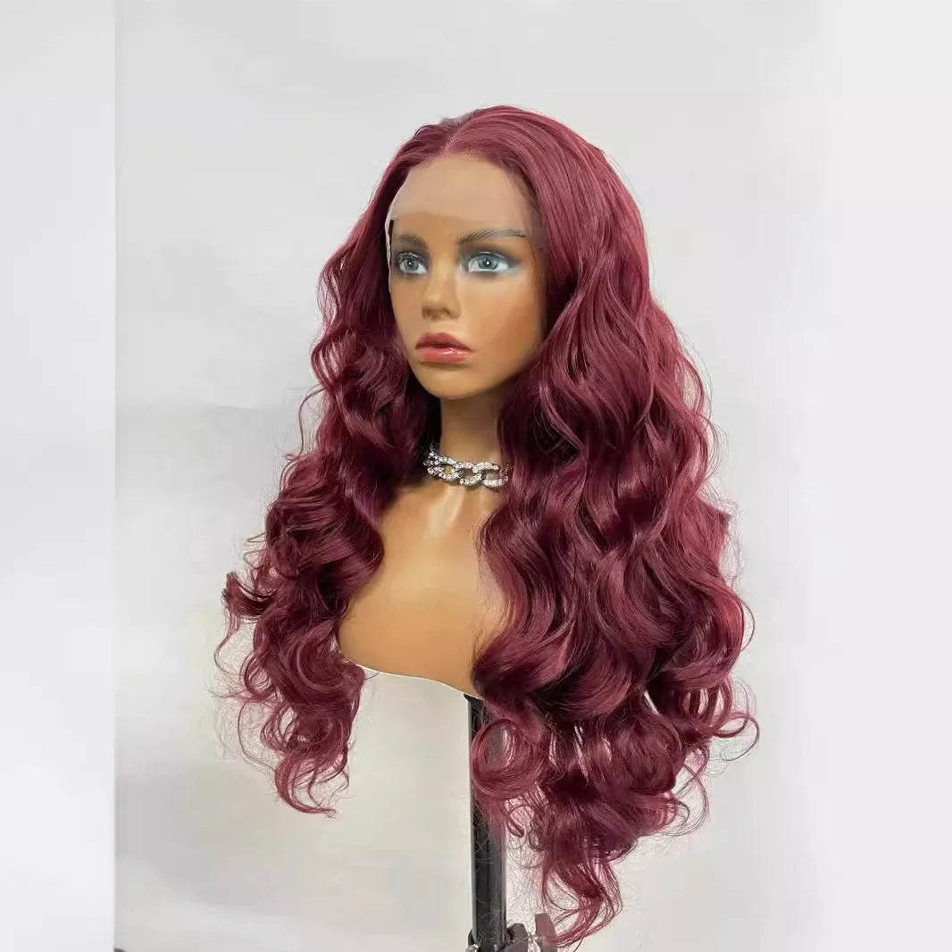 Wine Red Synthetic Lace Front Wigs Free Part Loose Wave Heat Resistant Natural Hairline Fiber Hair Glueless Lace Cosplay Wigs
