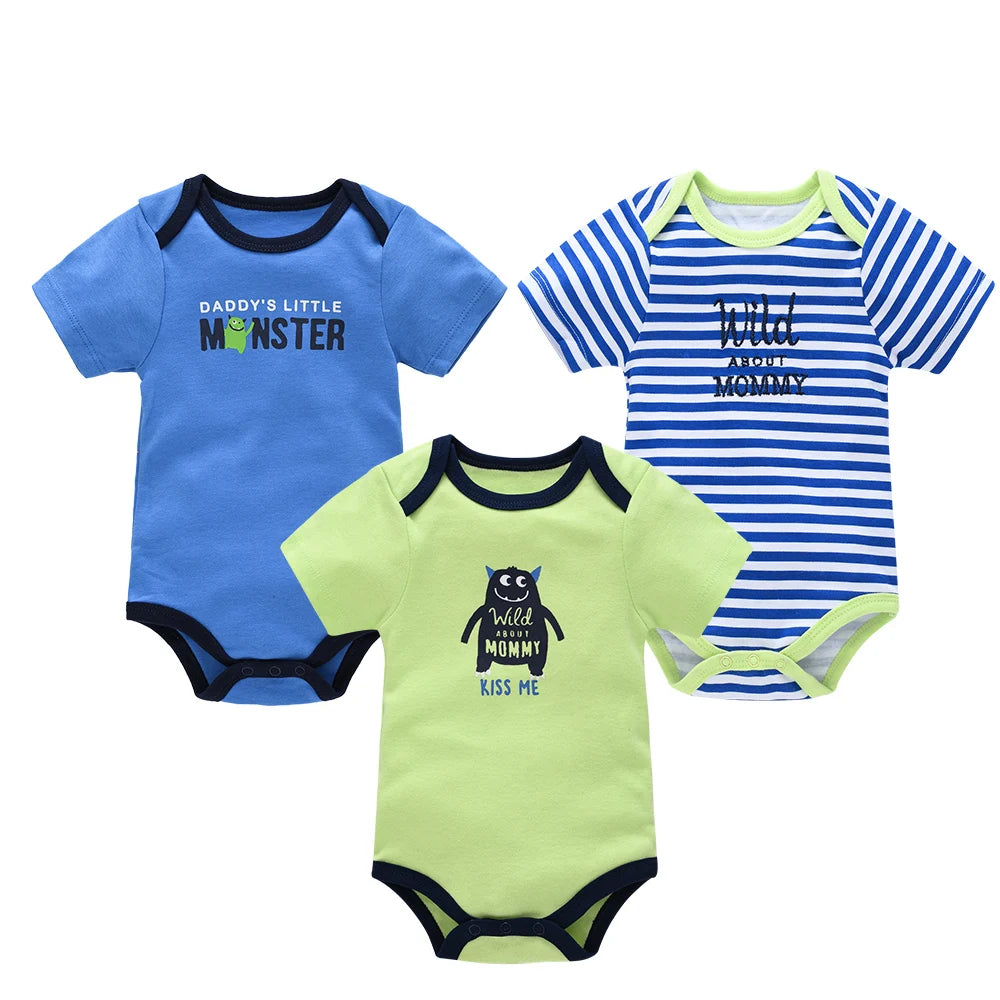 New Baby Boy Clothes Summer 100% Cotton Blue Grey Tie Print Three Piece Short Sleeve Bodysuit Pants vetements bebe For 0-12M