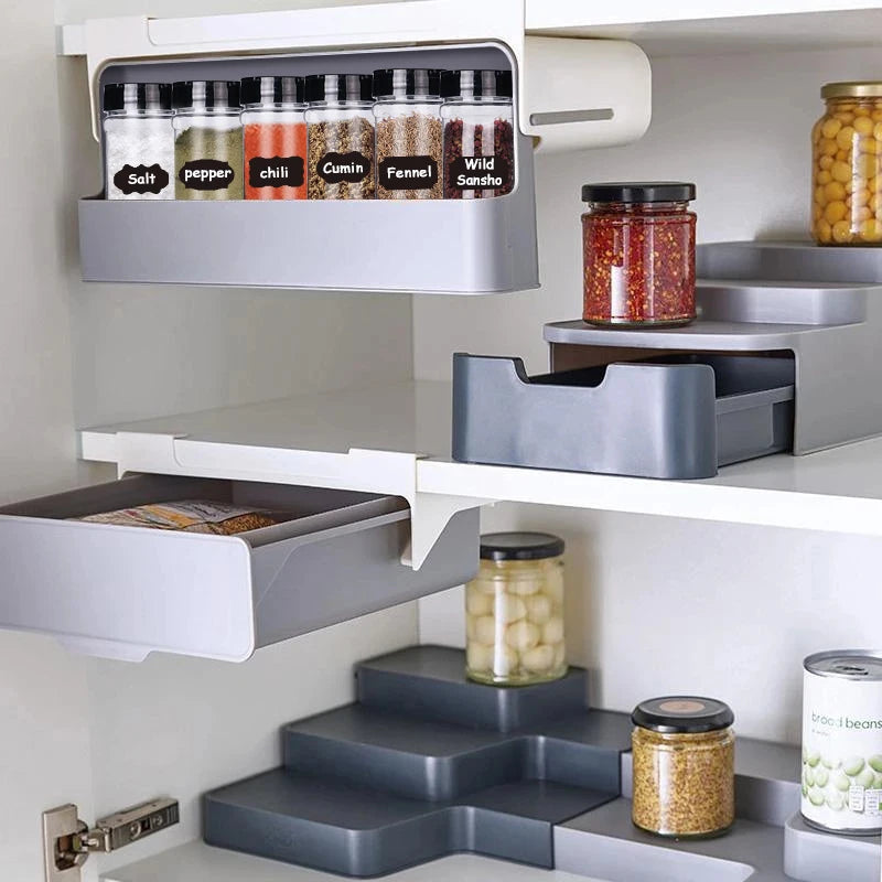 Wall mounted Kitchen Spice Rack Slide Out Drawer Self-adhesive Seasoning Bottle Storage Rack Plastic Spice Organiser for Kitchen