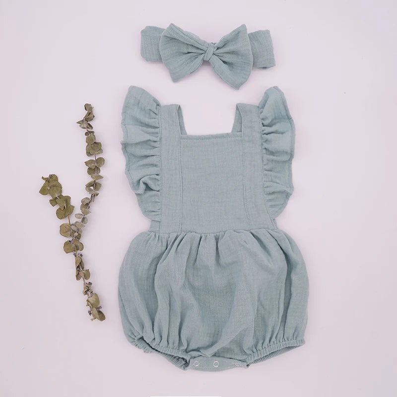 Organic Cotton Baby Girl Clothes Summer New Double Gauze Kids Ruffle Romper Jumpsuit Headband Dusty Pink Playsuit For Newborn 3M