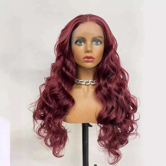 Wine Red Synthetic Lace Front Wigs Free Part Loose Wave Heat Resistant Natural Hairline Fiber Hair Glueless Lace Cosplay Wigs