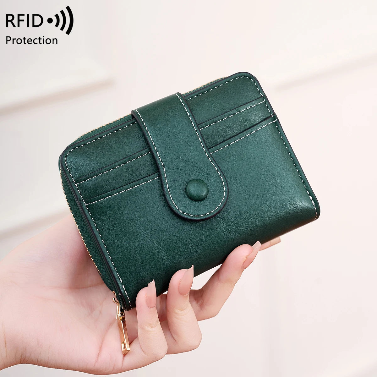 RFID Blocking Women's Short Wallet, Multifunctional Multi Card Slot Card Holder, Fashionable Retro Buckle Coin Purse