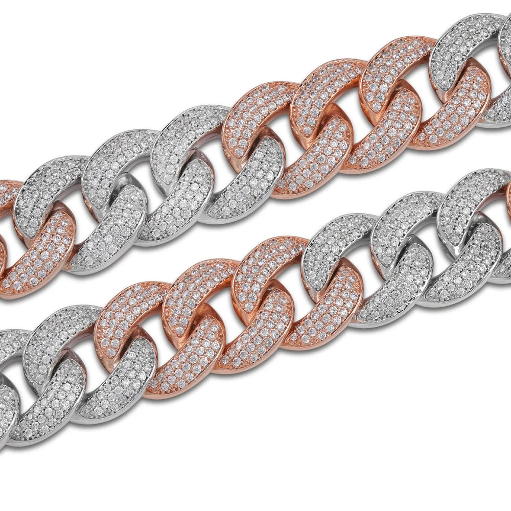JINAO New 18MM Maimi Cuban Link Chain Necklace &Rose Color Iced Out Cubic Zircon Hip Hop Jewelry For Men Women Gift