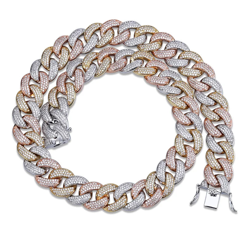 JINAO New 18MM Maimi Cuban Link Chain Necklace &Rose Color Iced Out Cubic Zircon Hip Hop Jewelry For Men Women Gift