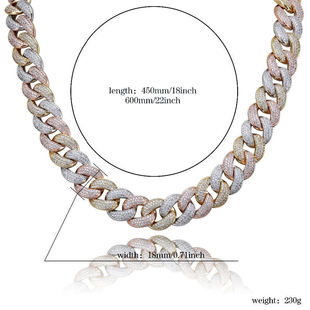 JINAO New 18MM Maimi Cuban Link Chain Necklace &Rose Color Iced Out Cubic Zircon Hip Hop Jewelry For Men Women Gift