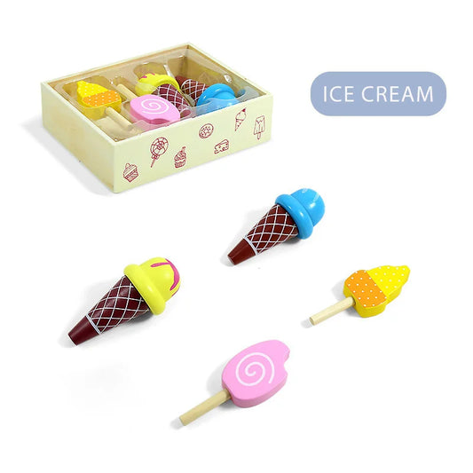 Unisex Wooden Pretend Ice Cream Set Kids House Role Play Simulation Wooden Food Toy Set Early Education Toy Set