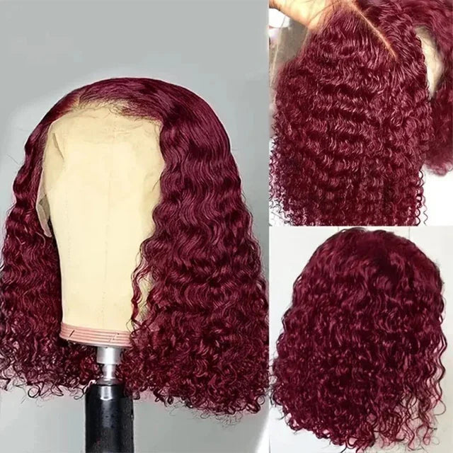 Burgundy 99J Short Deep Wave Bob Human Hair Wig 180% Density Natural Pre-Plucked Brazilian 4x4 Lace Closure Wigs for Black Women
