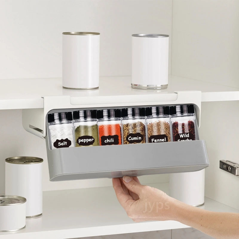 Wall mounted Kitchen Spice Rack Slide Out Drawer Self-adhesive Seasoning Bottle Storage Rack Plastic Spice Organiser for Kitchen