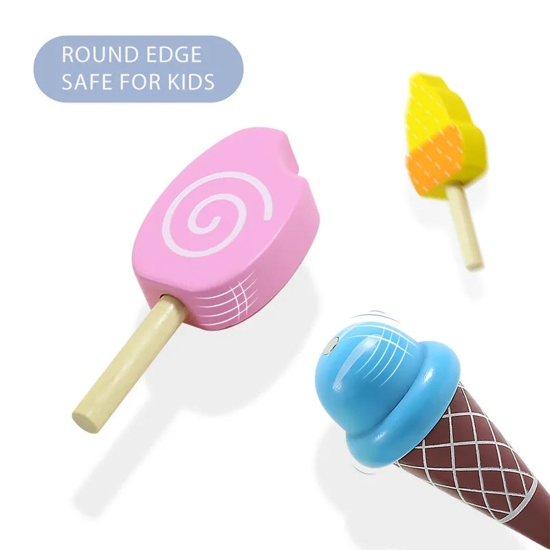 Unisex Wooden Pretend Ice Cream Set Kids House Role Play Simulation Wooden Food Toy Set Early Education Toy Set