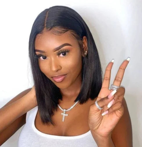 Peosaard Human Hair Wig, Bob Wig, 14 Inch Short Straight Black, HD Lace Front, Pre Plucked, Wigs Human Hair