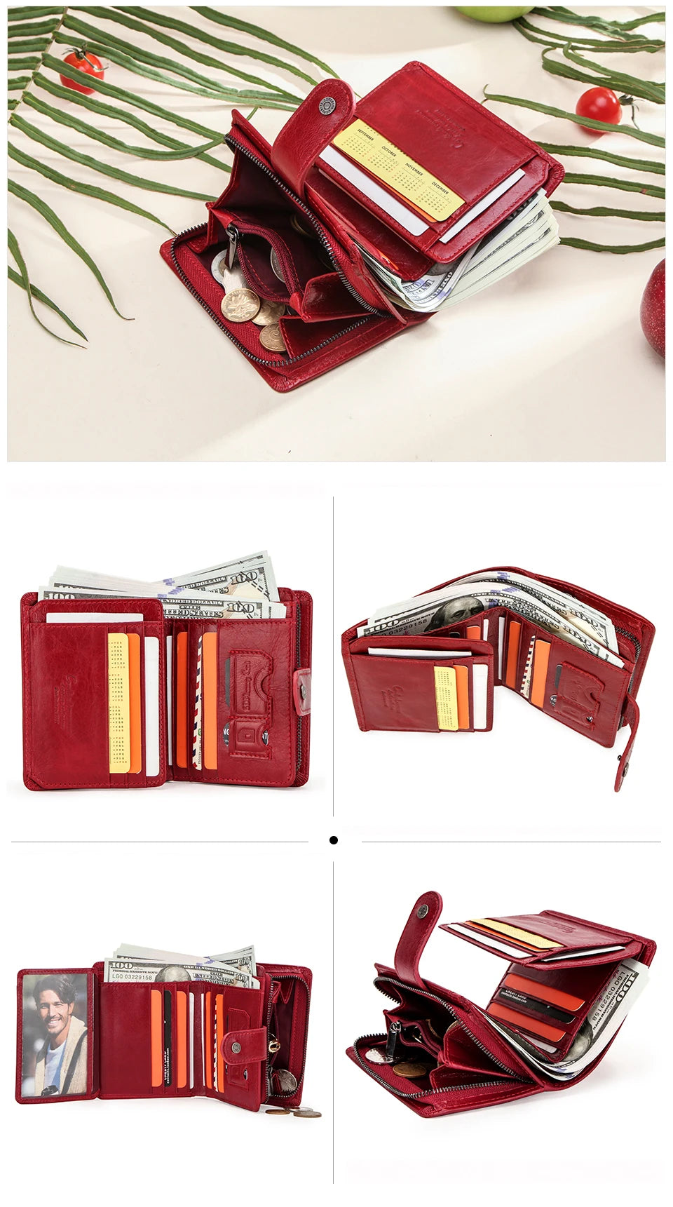 Contact'S Genuine Leather Wallets Women Men Wallet Short Small RFID Blocking Card Holder Wallets Ladies Red Coin Purse