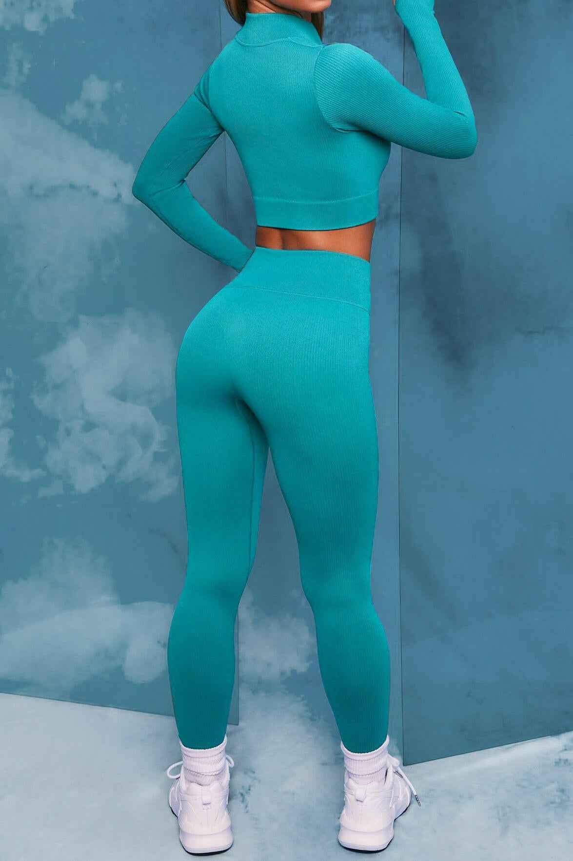 Front Zip Long Sleeve Crop Top Seamless Ribbed Texture Full Length High Waist Workout Fitness Legging workout clothes set