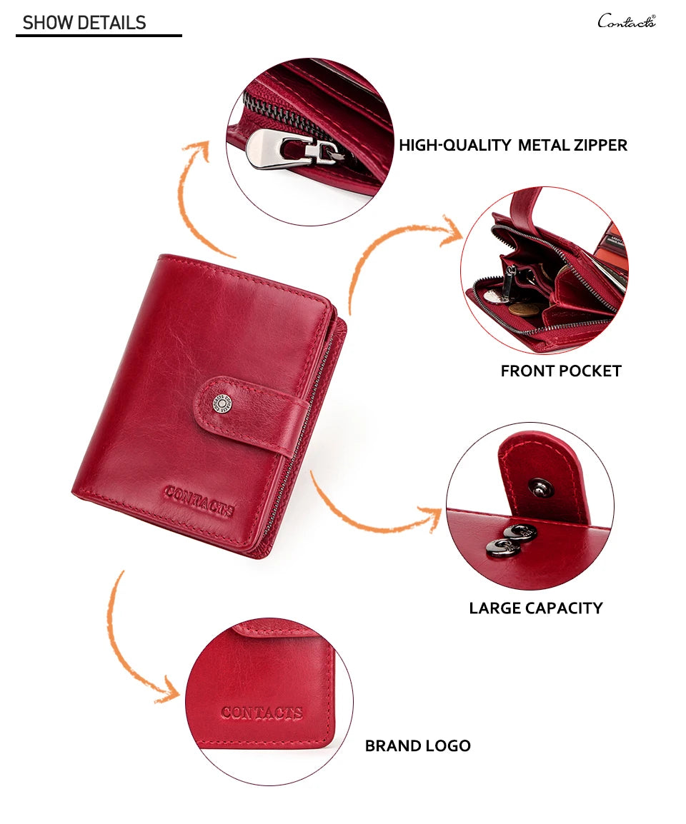 Contact'S Genuine Leather Wallets Women Men Wallet Short Small RFID Blocking Card Holder Wallets Ladies Red Coin Purse