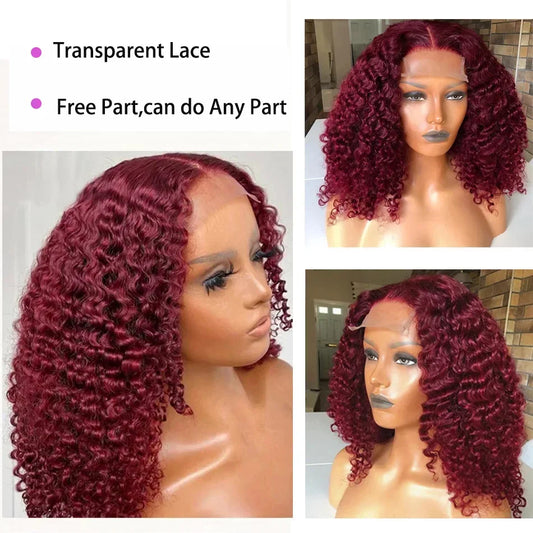 Burgundy 99J Short Deep Wave Bob Human Hair Wig 180% Density Natural Pre-Plucked Brazilian 4x4 Lace Closure Wigs for Black Women