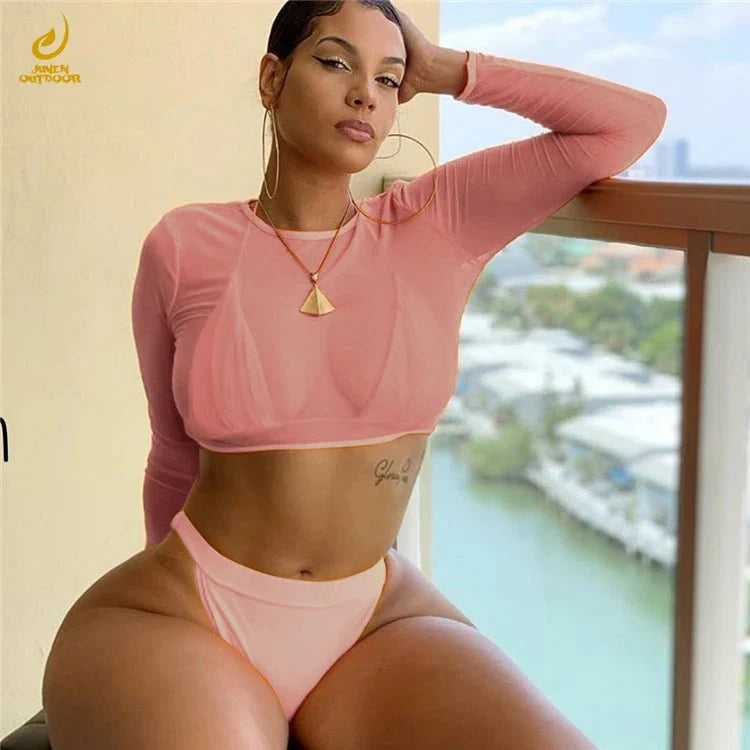 Three-Piece Plus Size Swimwear Set with Long-Sleeve Cover-Up