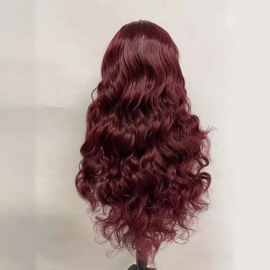 Wine Red Synthetic Lace Front Wigs Free Part Loose Wave Heat Resistant Natural Hairline Fiber Hair Glueless Lace Cosplay Wigs