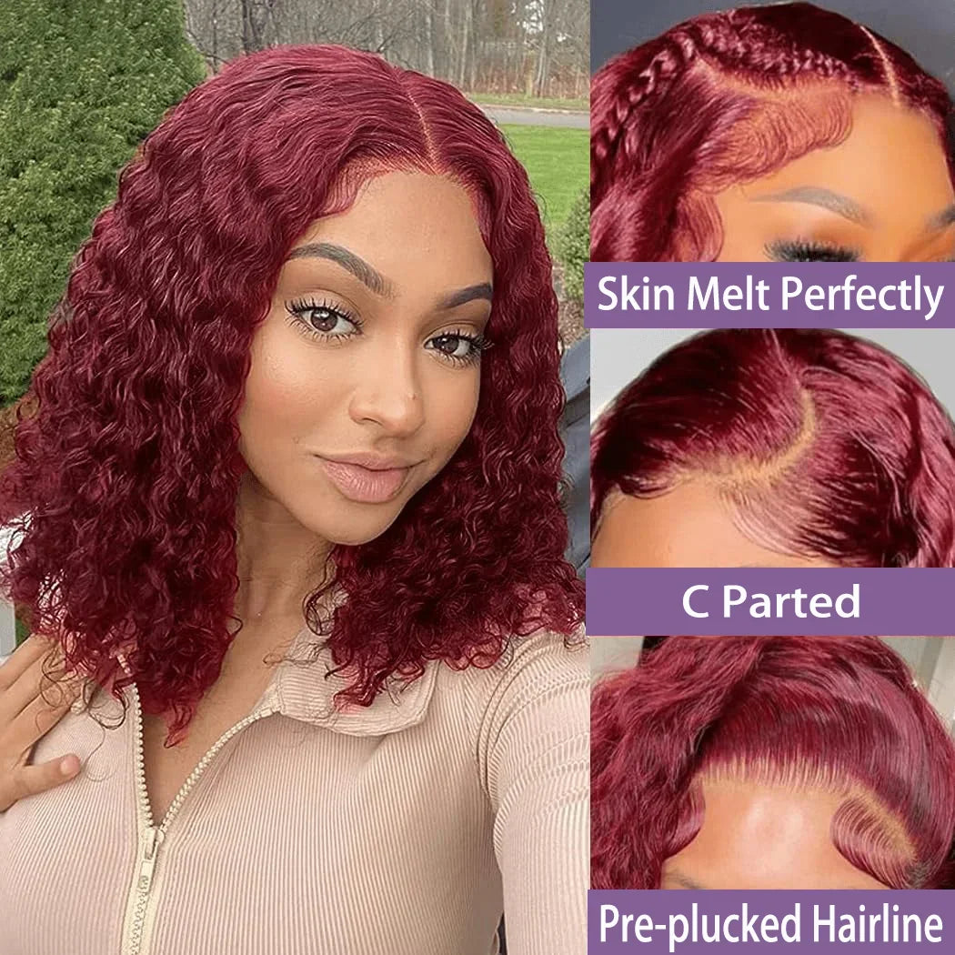 Burgundy 99J Short Deep Wave Bob Human Hair Wig 180% Density Natural Pre-Plucked Brazilian 4x4 Lace Closure Wigs for Black Women