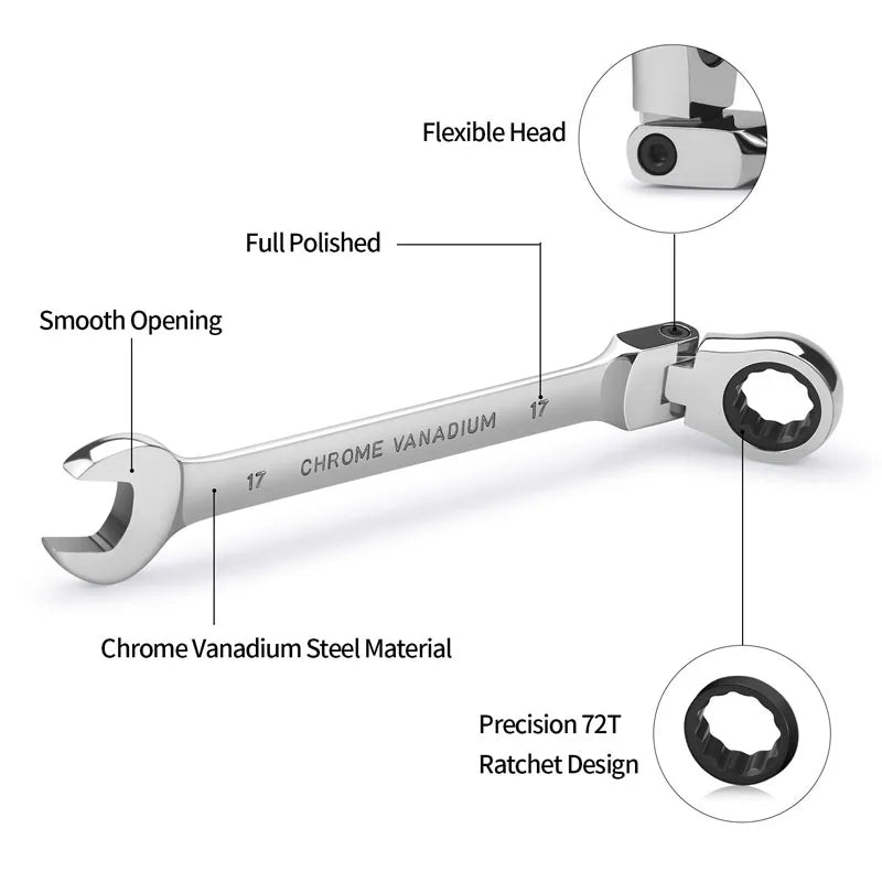 1 Piece Flexible Pivoting Head Ratchet Wrench Spanner Garage Metric hand Tool  For auto and Home Repair