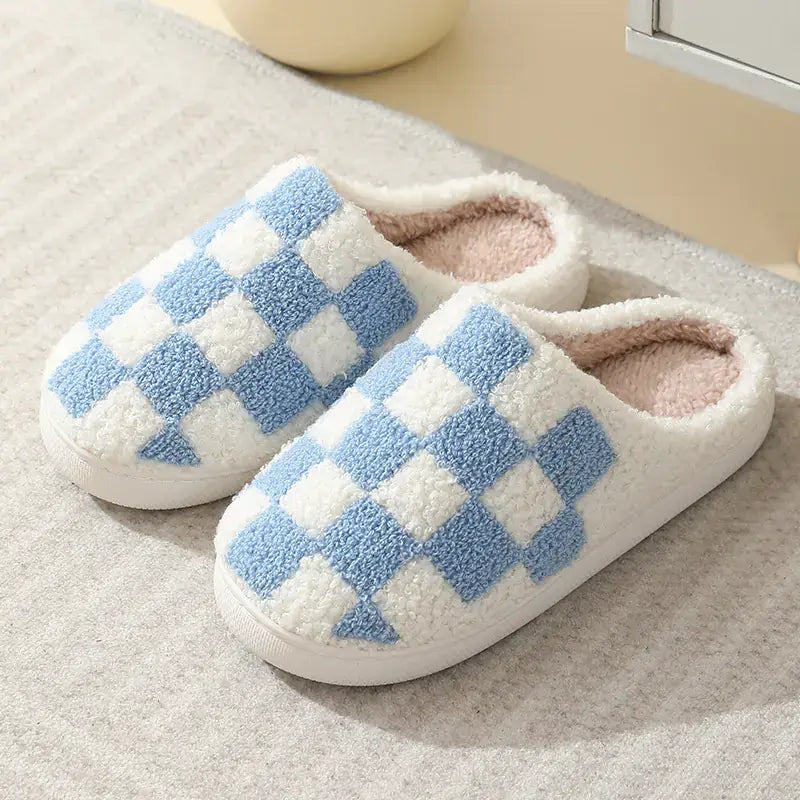 Winter Checkerboard Cotton Slippers – Indoor Comfort for Men & Women